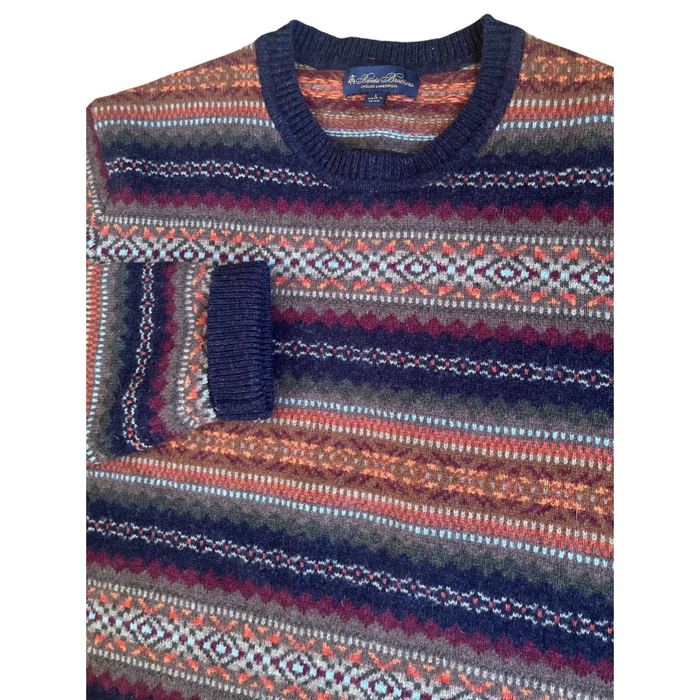 Brooks Brothers Mens L English Lambswool Fair Isle Crewneck Sweater Navy Multi